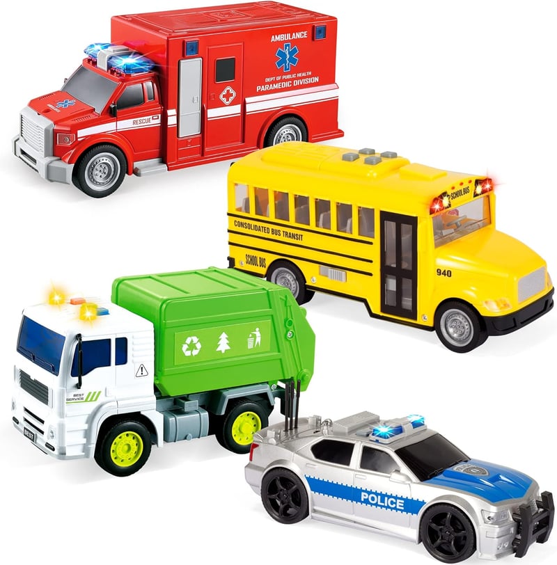 Toddler Vehicle Toy Set - 4 Lights & Siren Cars for Boys 3-5