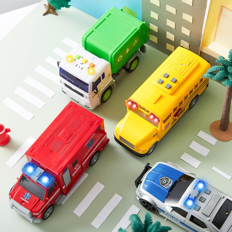 Toddler Vehicle Toy Set - 4 Lights & Siren Cars for Boys 3-5