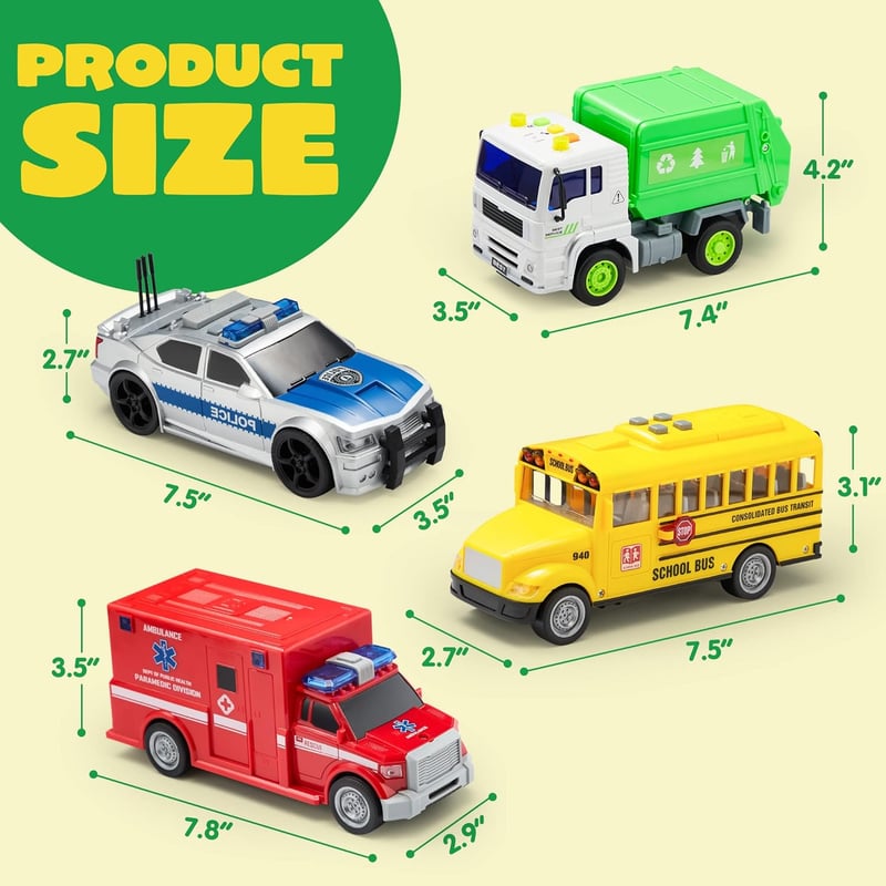 Toddler Vehicle Toy Set - 4 Lights & Siren Cars for Boys 3-5