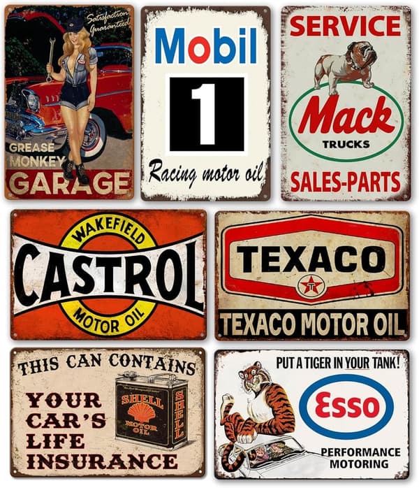 Vintage Gas Station Tin Signs - Man Cave Decor (7 Pcs)
