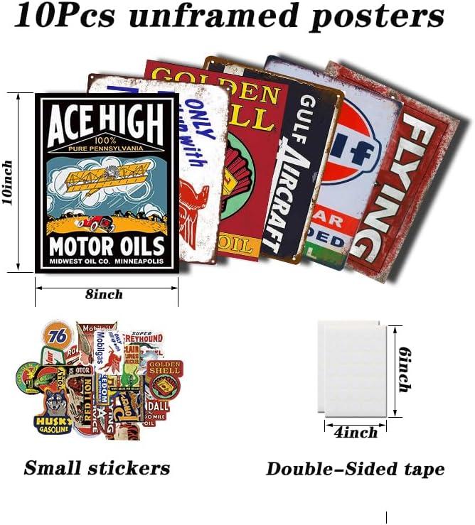 Vintage Garage Signs Set for Men's Man Cave Decor - 10 Pieces
