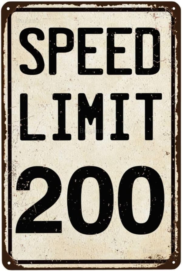 Vintage 200 MPH Speed Limit Metal Sign for Man Cave Decor