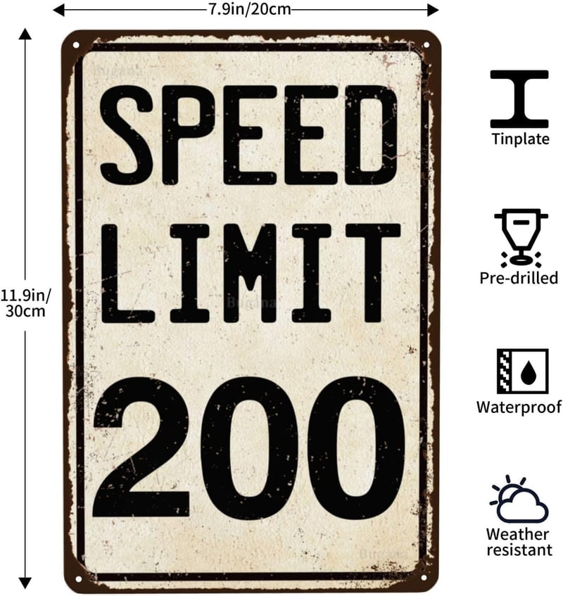 Vintage 200 MPH Speed Limit Metal Sign for Man Cave Decor