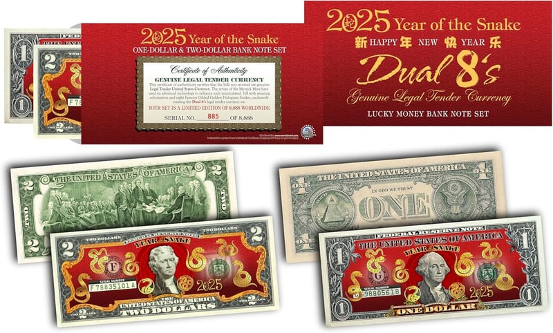 2025 Snake Year Collectible $1 & $2 Bill Set in Red Envelope