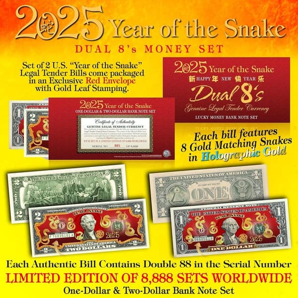 2025 Snake Year Collectible $1 & $2 Bill Set in Red Envelope
