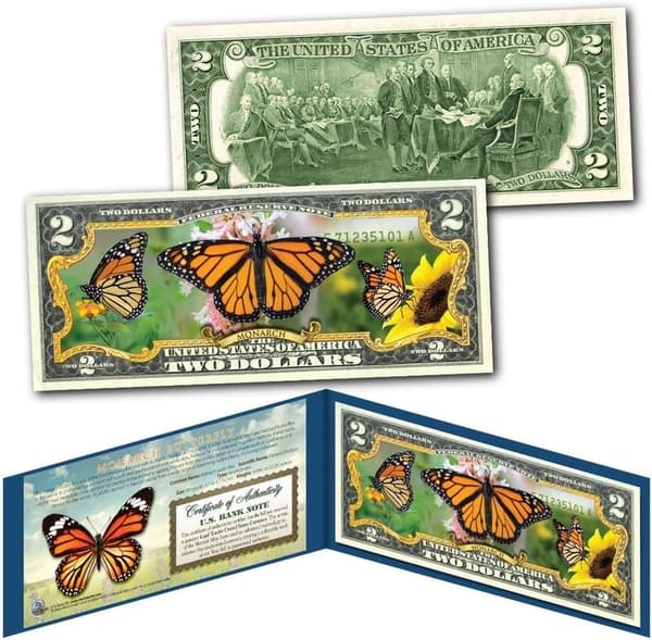 Monarch Butterfly Collectible Two Dollar Bill Display Set