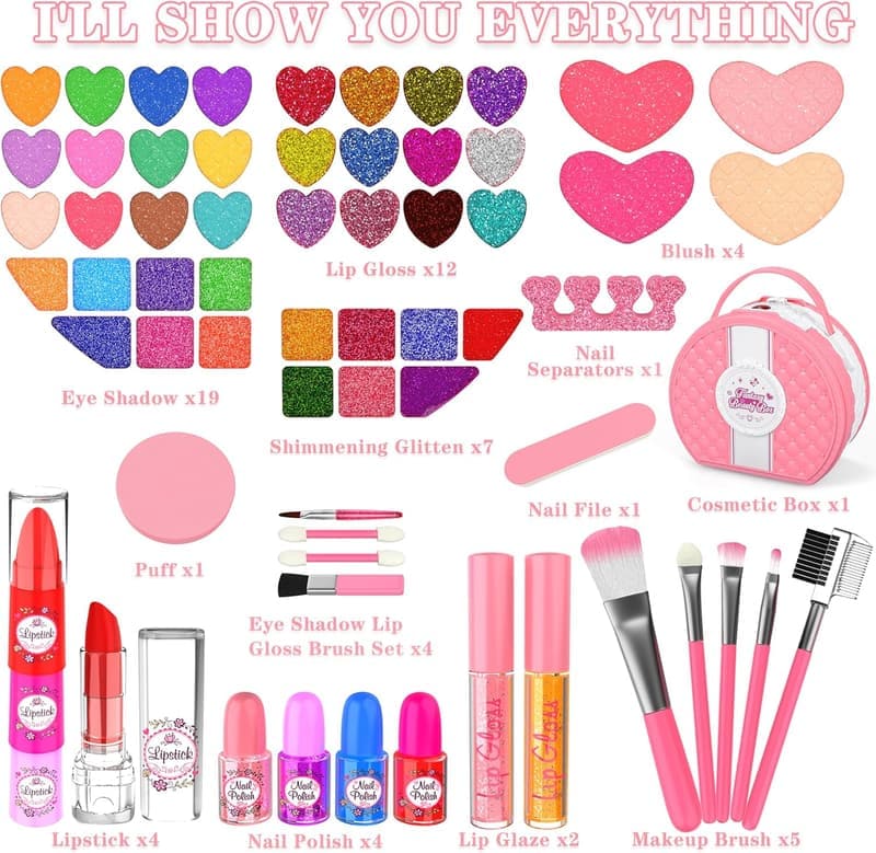 Kids Makeup Kit, 66-Piece Washable Cosmetic Set for Ages 3+