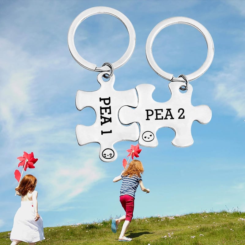 Twins Keychain Set - Two Peas in a Pod Gift for Siblings
