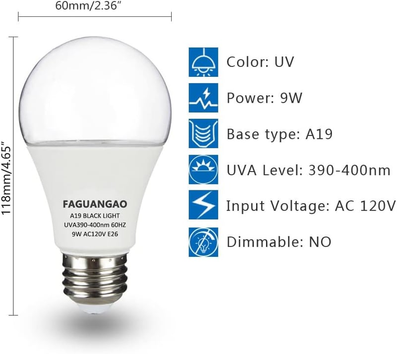 LED Blacklight Bulb 9W UVA Glow for Parties - 4 Pack