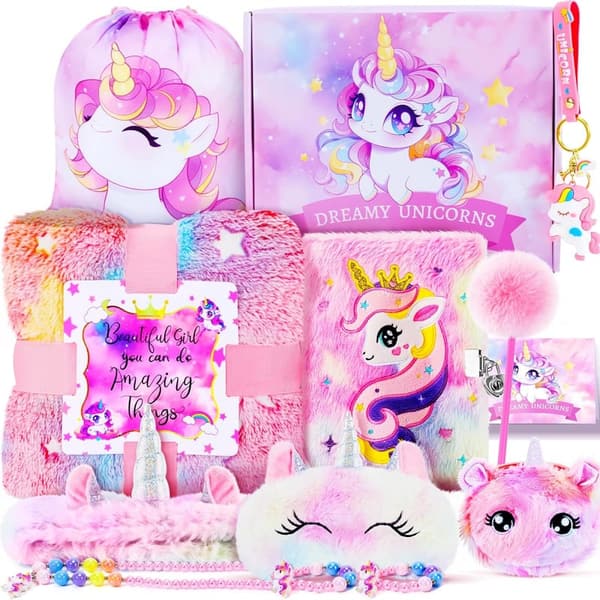Unicorn Gift Set for Girls: Plush Diary, Blanket, Eye Mask