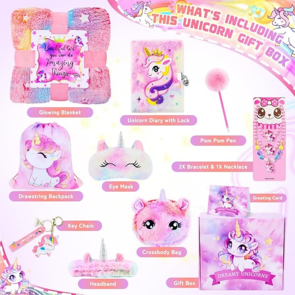 Unicorn Gift Set for Girls: Plush Diary, Blanket, Eye Mask