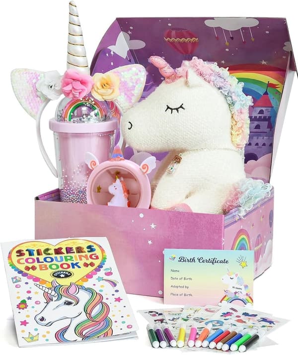 Unicorn Gift Set for Girls – Plush Toy, Water Bottle, Night Light, DIY Color Book