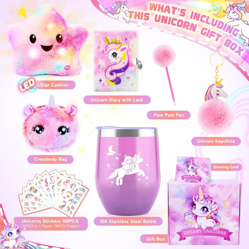 Unicorn Gift Set for Girls Ages 3-10 with Plush Pillow & Diary