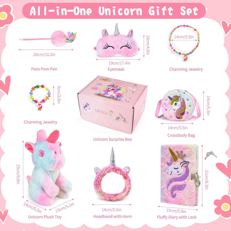 Unicorn Toy Set for Girls Age 6-8 - Plush Diary, Headband & Eye Mask