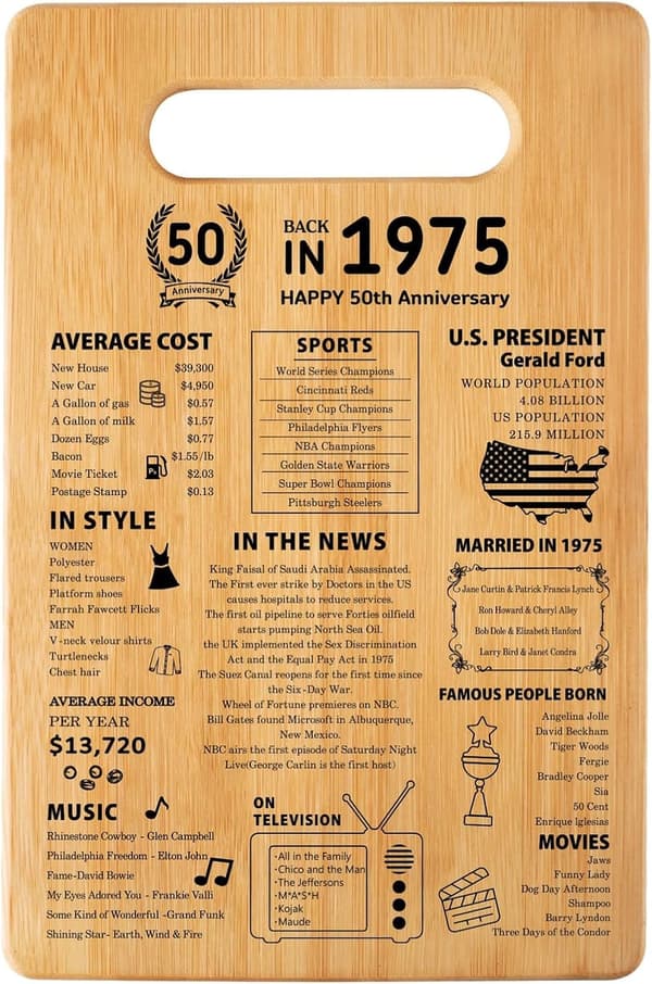 50th Anniversary Organic Bamboo Cutting Board Gift for Couples