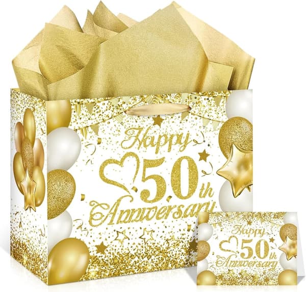 50th Anniversary White Gold Gift Bag with Tissue & Card