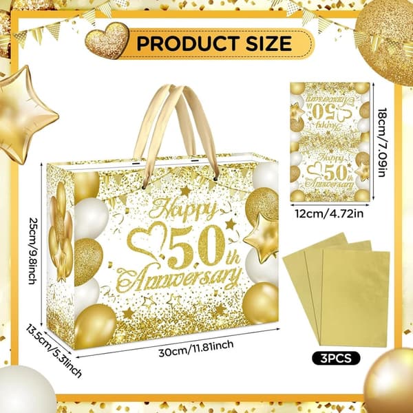 50th Anniversary White Gold Gift Bag with Tissue & Card