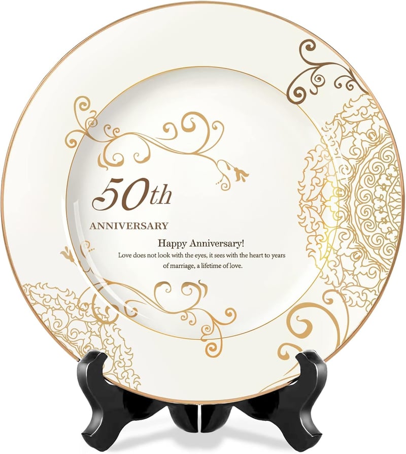 50th Anniversary Gold Porcelain Plate with Stand - 10 Inch Gift for Couples