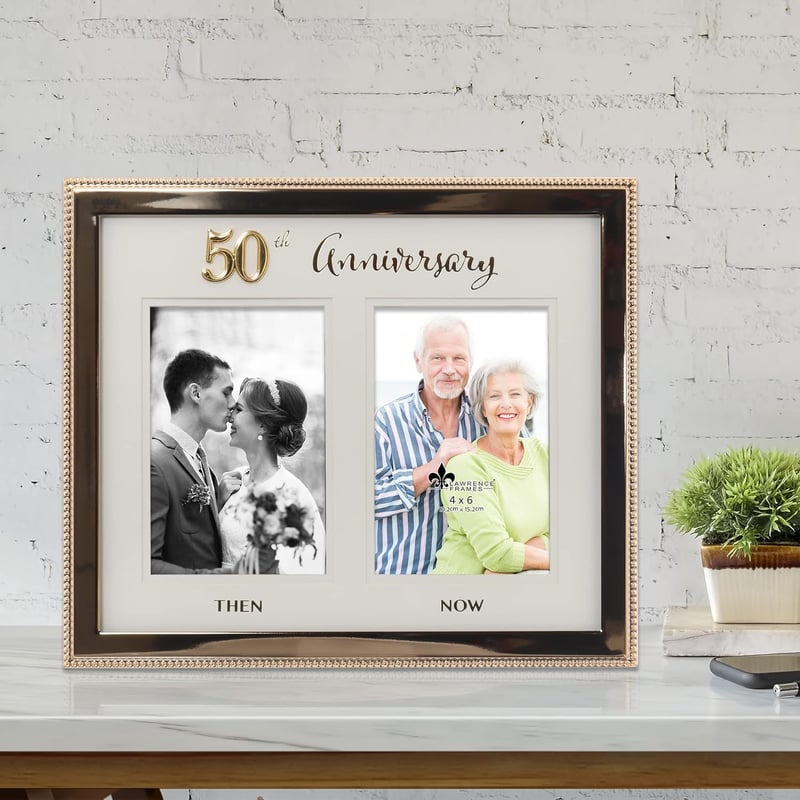 50th Anniversary Double Gold Beaded Metal Picture Frame
