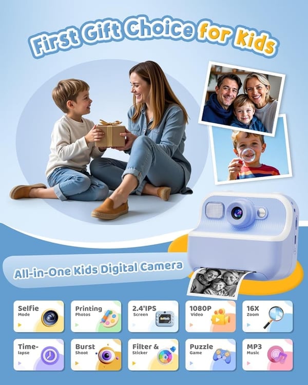 Dual Lens 1080P Instant Camera for Kids - Holiday Gift