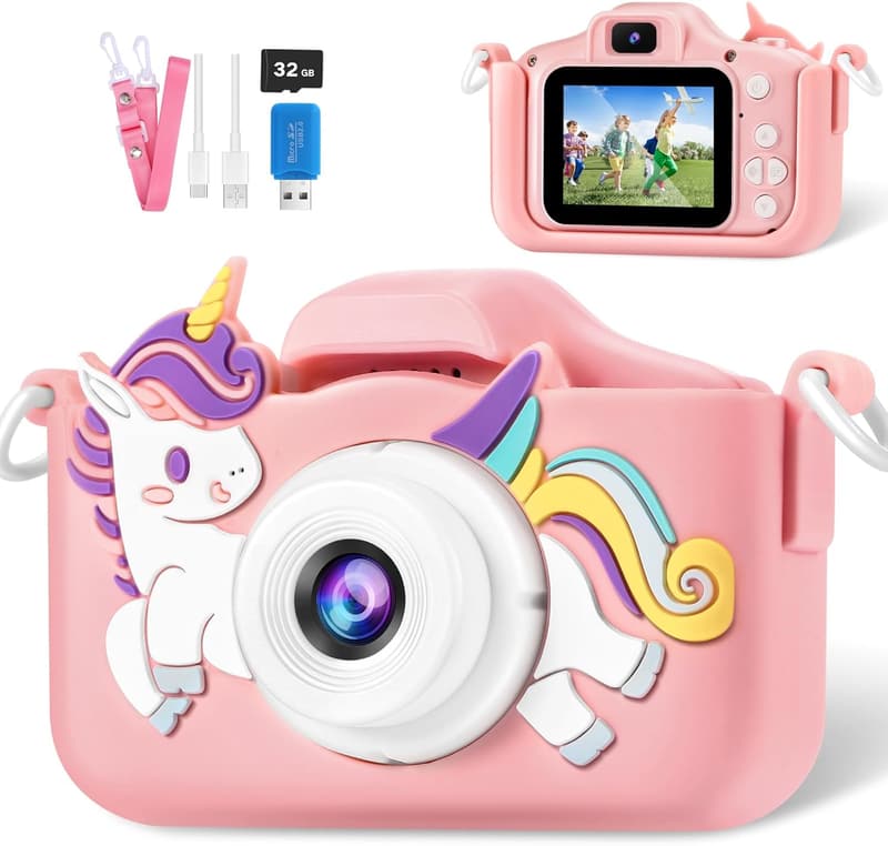 Kids Digital Camera with 32GB Card - Gift for Ages 3-9 (Pink)