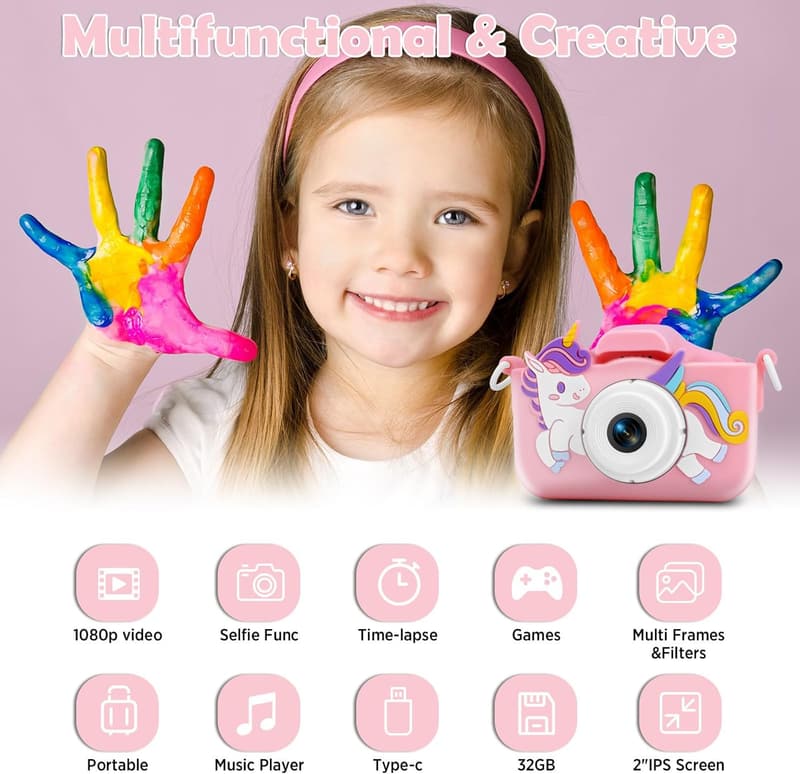 Kids Digital Camera with 32GB Card - Gift for Ages 3-9 (Pink)