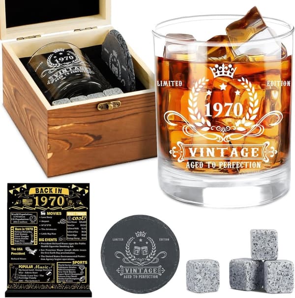 55th Birthday Vintage Whiskey Glass Set for Men with Wood Box