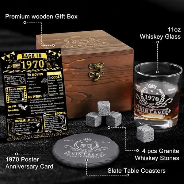55th Birthday Vintage Whiskey Glass Set for Men with Wood Box
