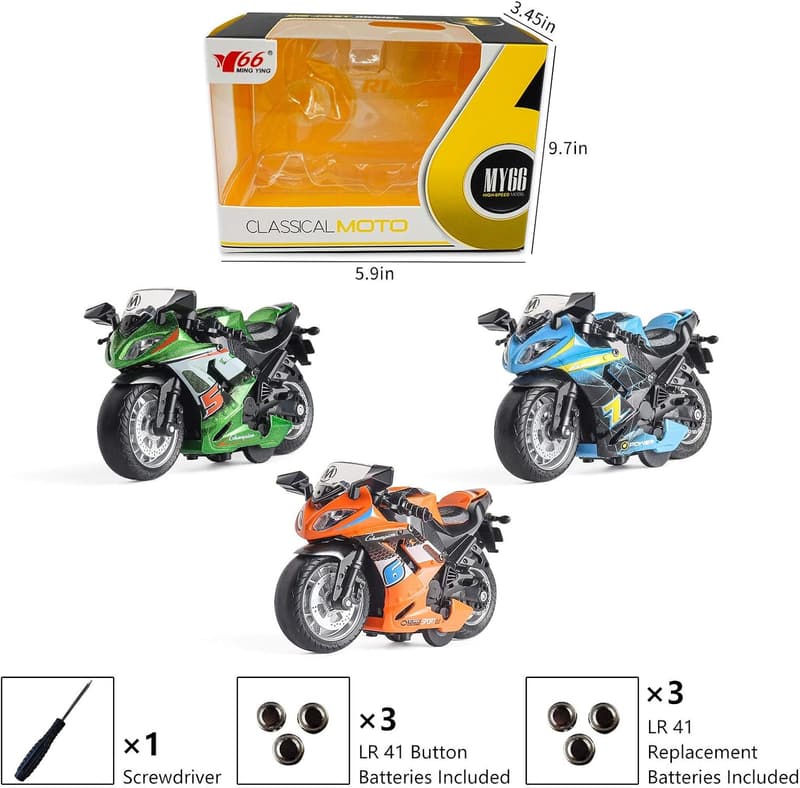 Pull Back Toy Motorcycle with Sound & Light for Boys (Green)