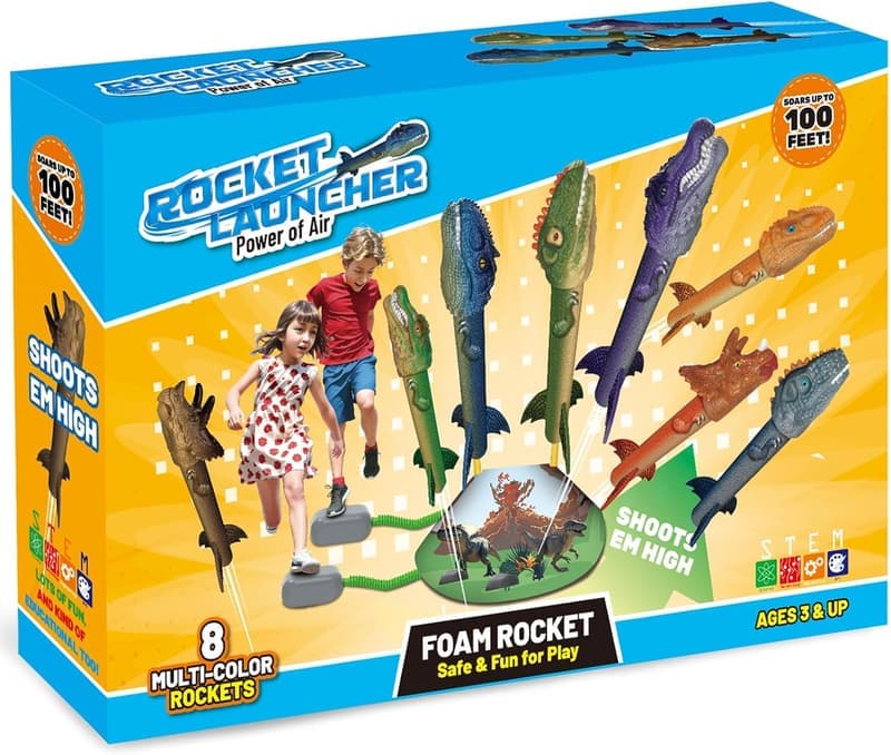 Outdoor Dinosaur Rocket Launcher Set - 8 Rockets, 2 Pads, Kids 3-12