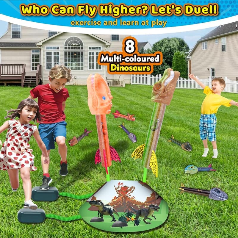 Outdoor Dinosaur Rocket Launcher Set - 8 Rockets, 2 Pads, Kids 3-12