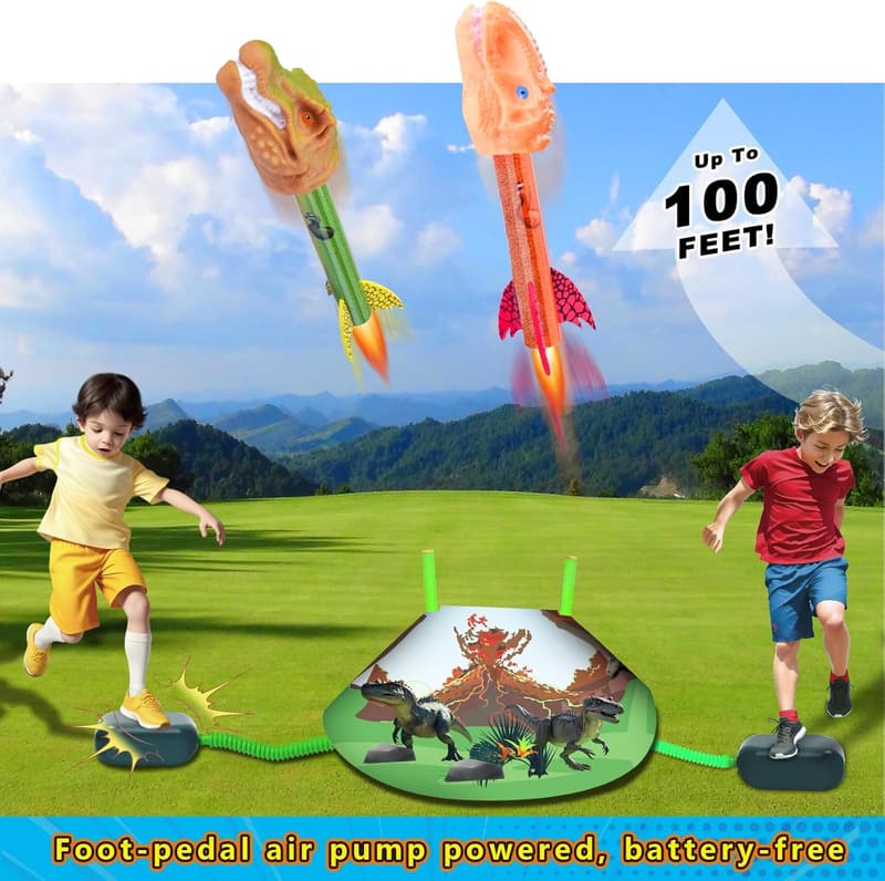 Outdoor Dinosaur Rocket Launcher Set - 8 Rockets, 2 Pads, Kids 3-12