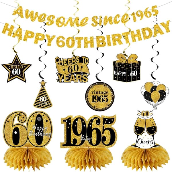 60th Birthday Decorations Kit - Black Gold Banner & Centerpieces