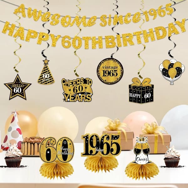 60th Birthday Decorations Kit - Black Gold Banner & Centerpieces