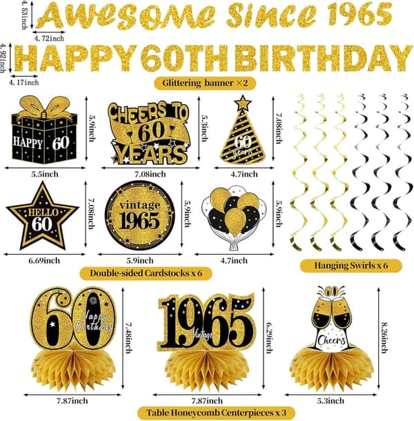 60th Birthday Decorations Kit - Black Gold Banner & Centerpieces