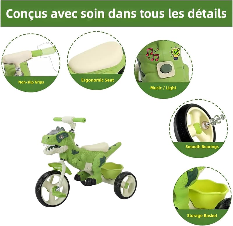 Kids Dinosaur Tricycle with Music & Storage Basket - Ages 2-6