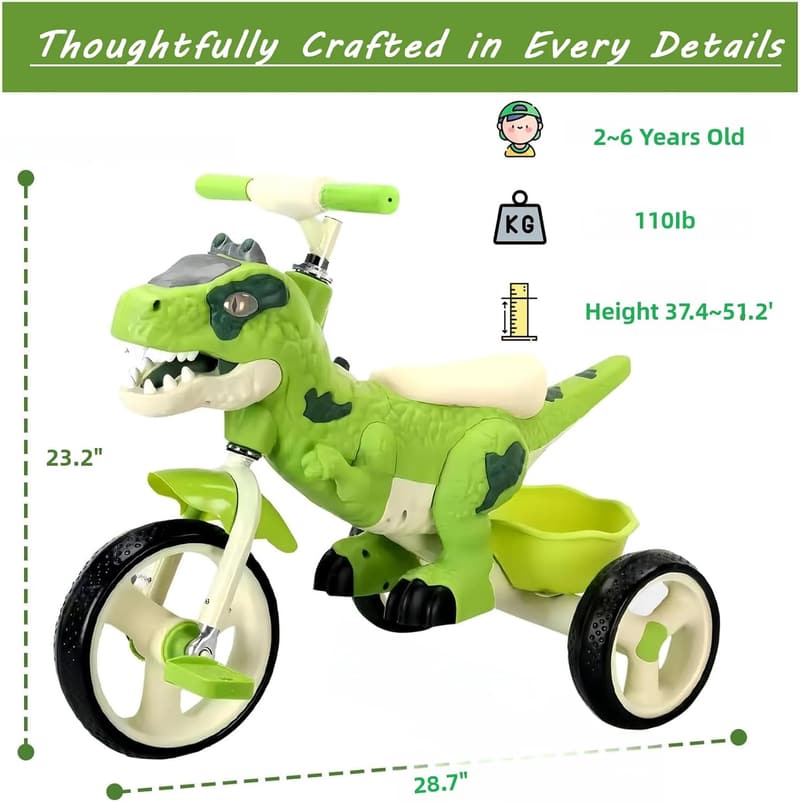 Kids Dinosaur Tricycle with Music & Storage Basket - Ages 2-6