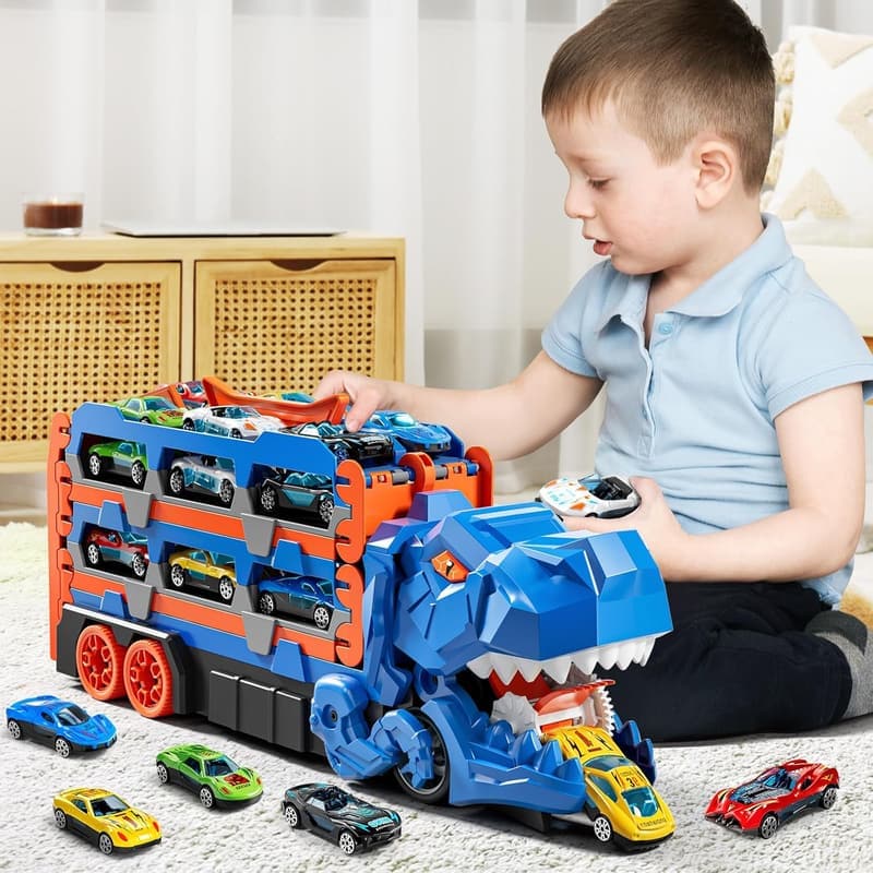 Dinosaur Car Track Set with 12 Die-Cast Cars for Kids 3-12