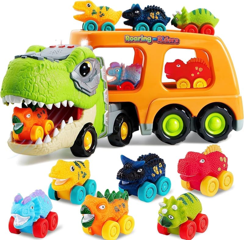 Dinosaur Car Carrier Truck Toy with 6 Vehicles for Toddlers