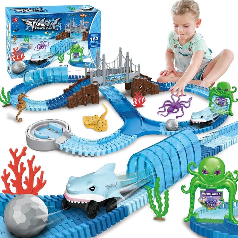 Ocean-Themed Shark Race Car Toy Set for Kids, 183 Pcs