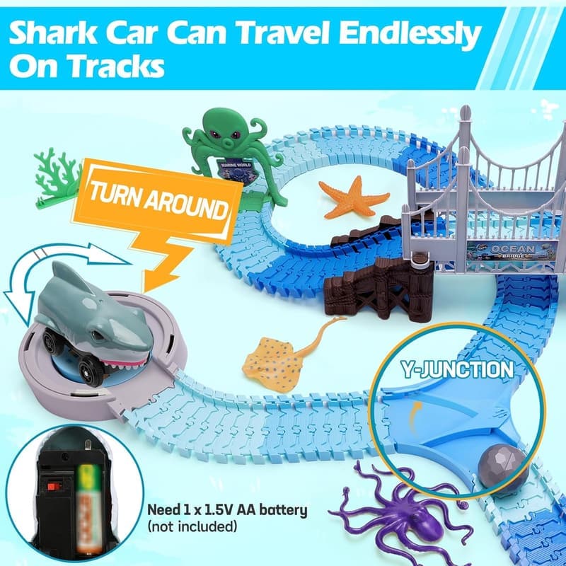 Ocean-Themed Shark Race Car Toy Set for Kids, 183 Pcs