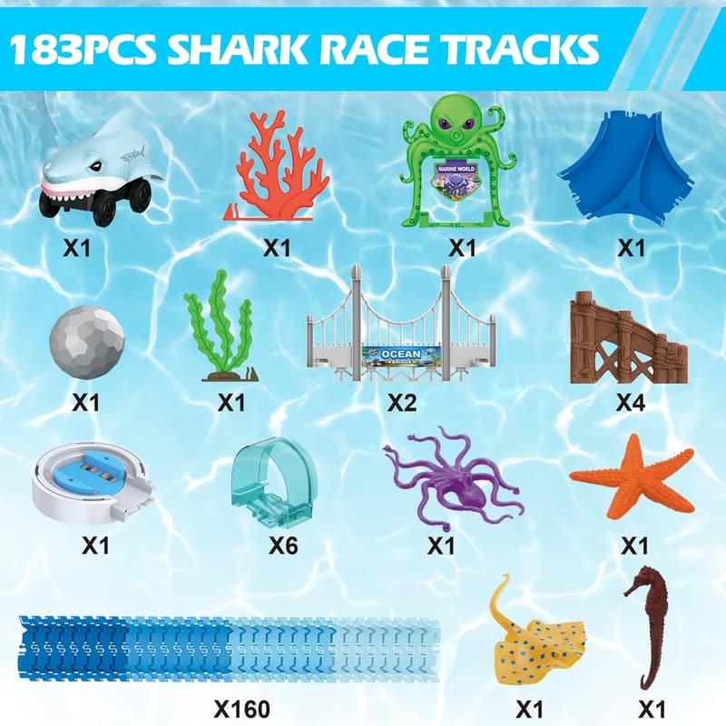 Ocean-Themed Shark Race Car Toy Set for Kids, 183 Pcs