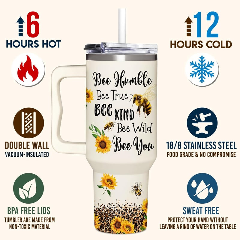 Sunflower Honey Bee Tumbler - 40oz Cup for Women