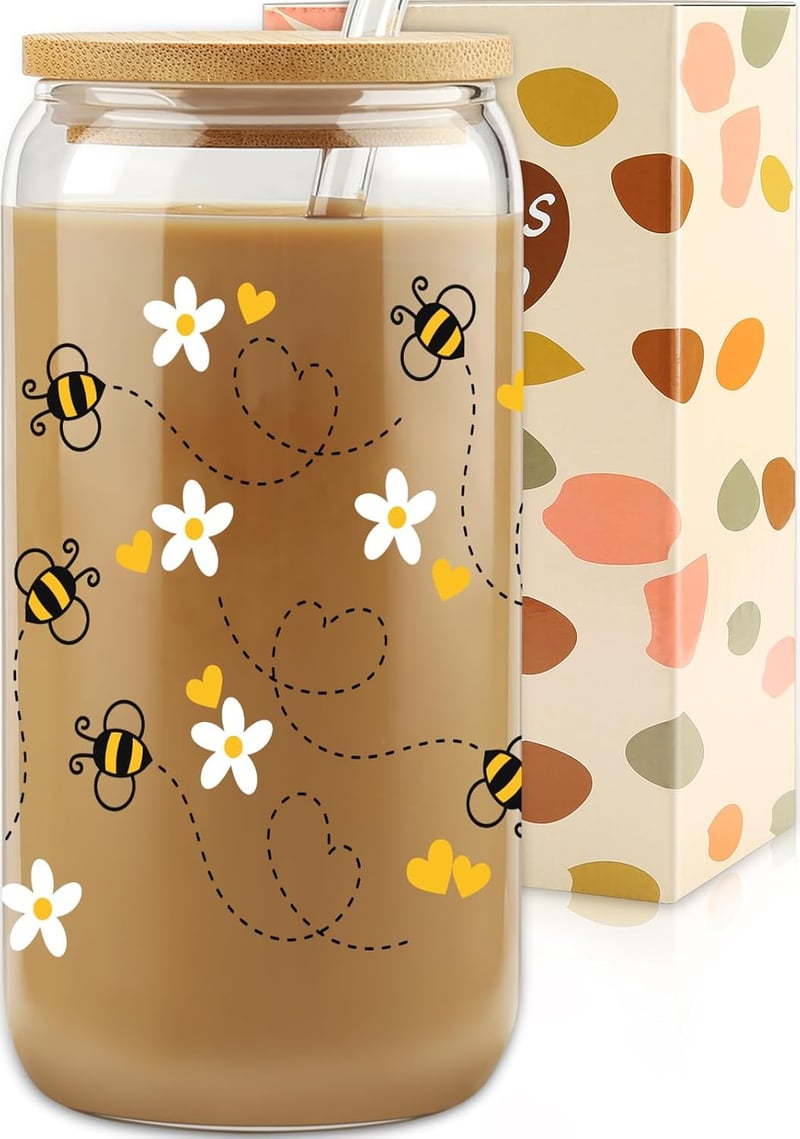 Birthday Gift for Women - Honey Bee Daisy 16 oz Glass Tumbler