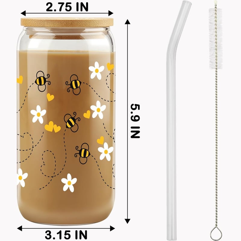 Birthday Gift for Women - Honey Bee Daisy 16 oz Glass Tumbler