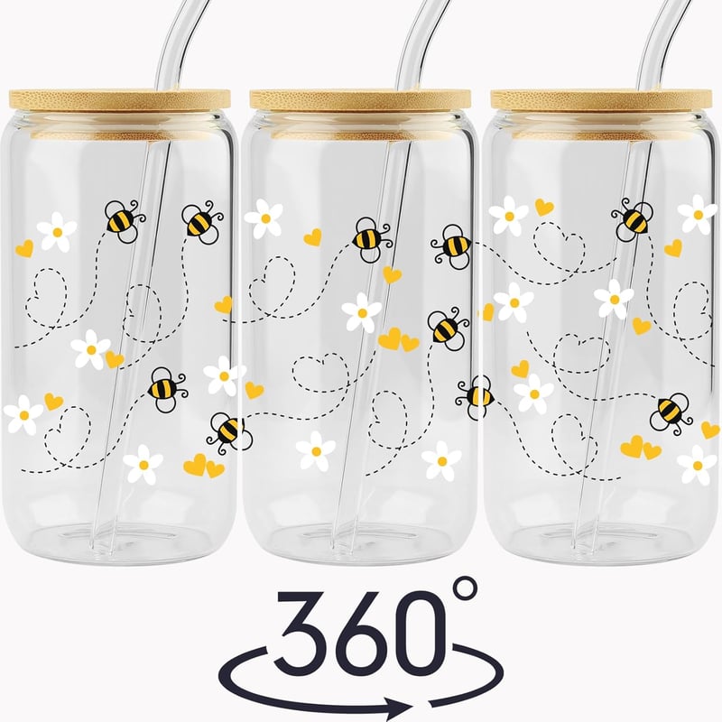 Birthday Gift for Women - Honey Bee Daisy 16 oz Glass Tumbler