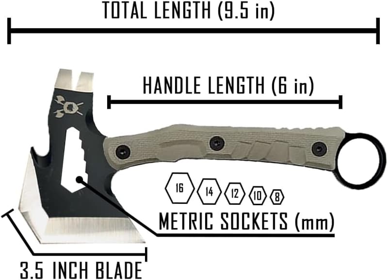 Tactical Hatchet - 9.5” Stainless Steel with Kydex Sheath and Clips