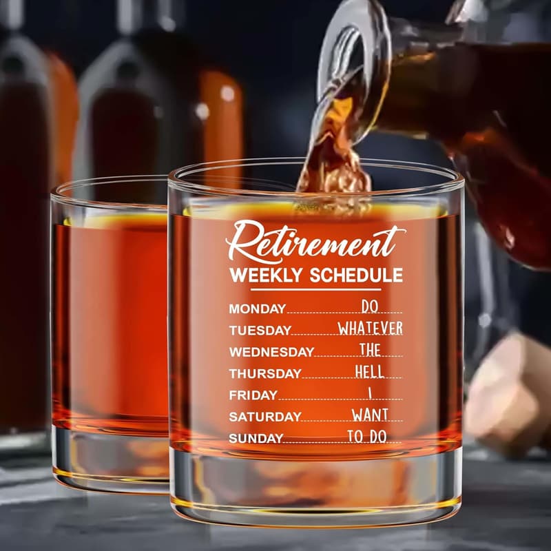 Retirement Whiskey Glass with Weekly Schedule - Fun Farewell Gift