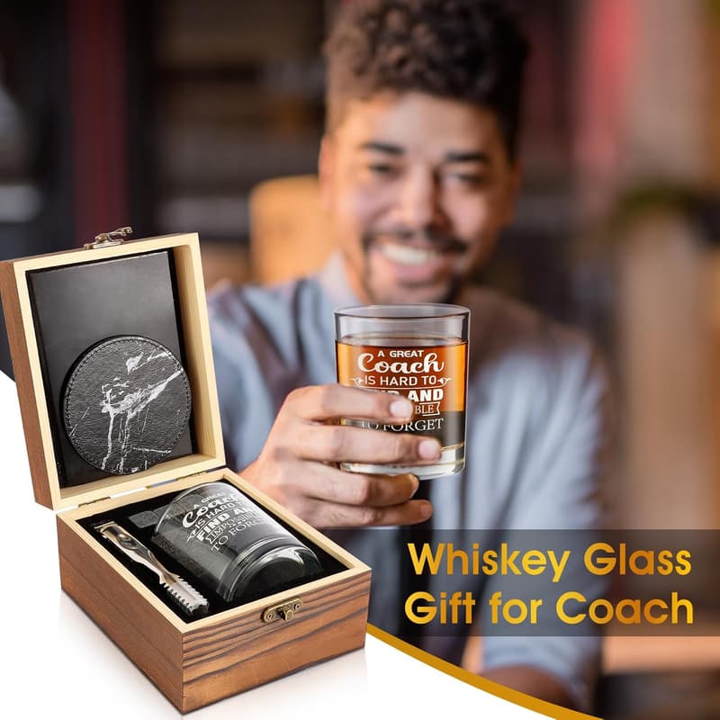 Thank You Whiskey Glass Set for Coaches – 12oz, Wooden Box