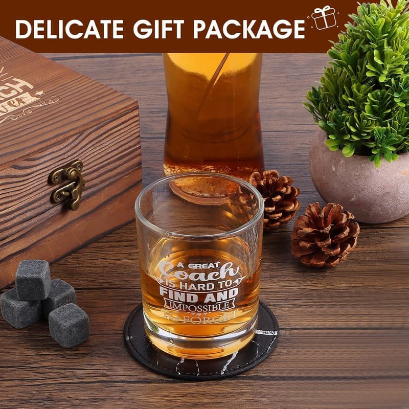 Thank You Whiskey Glass Set for Coaches – 12oz, Wooden Box